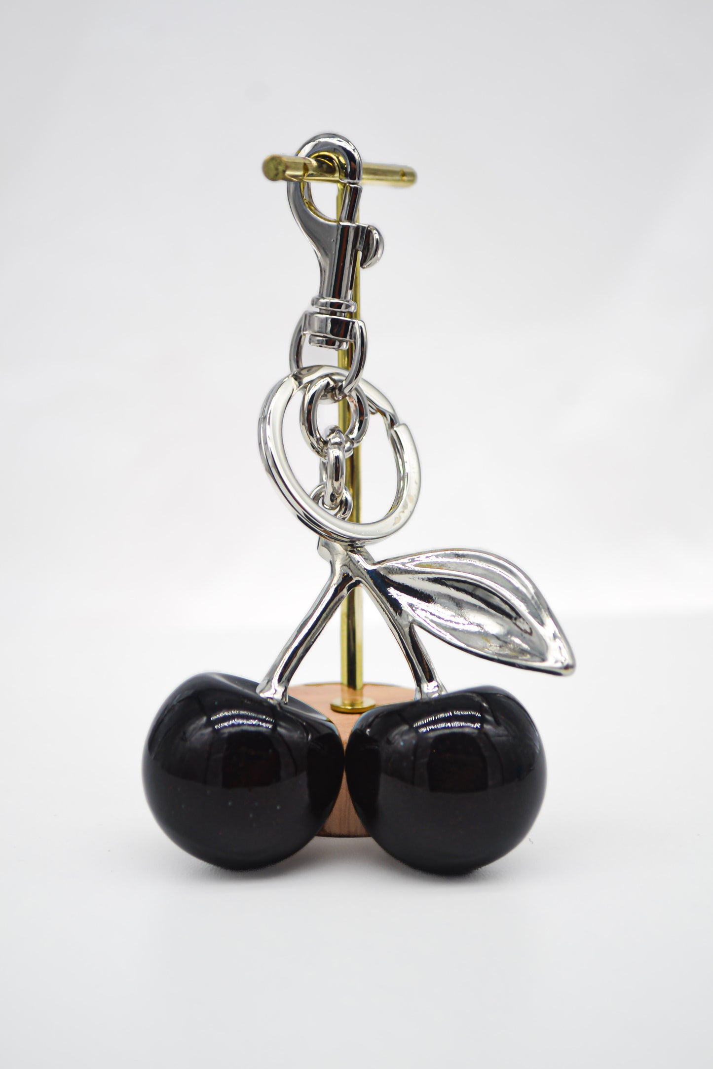 BLACK cherry keychain with silver chain – glitter cherry bag charm accessory