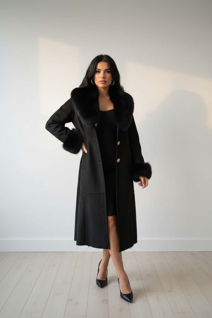 Suede Shearling Coat – Luxury Natural Leather & Light Fox Fur Trim