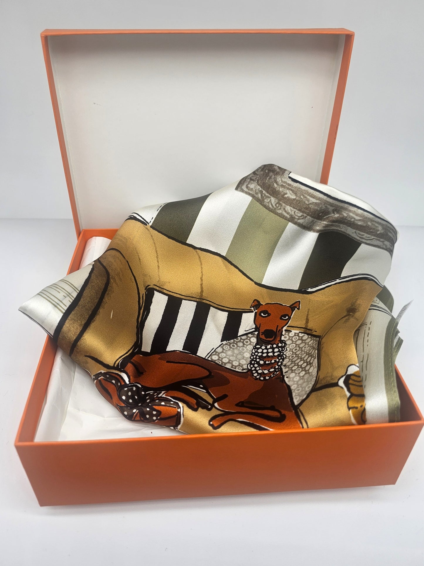 100% Mulberry Silk Square Scarf – Olive/Black/Marigold