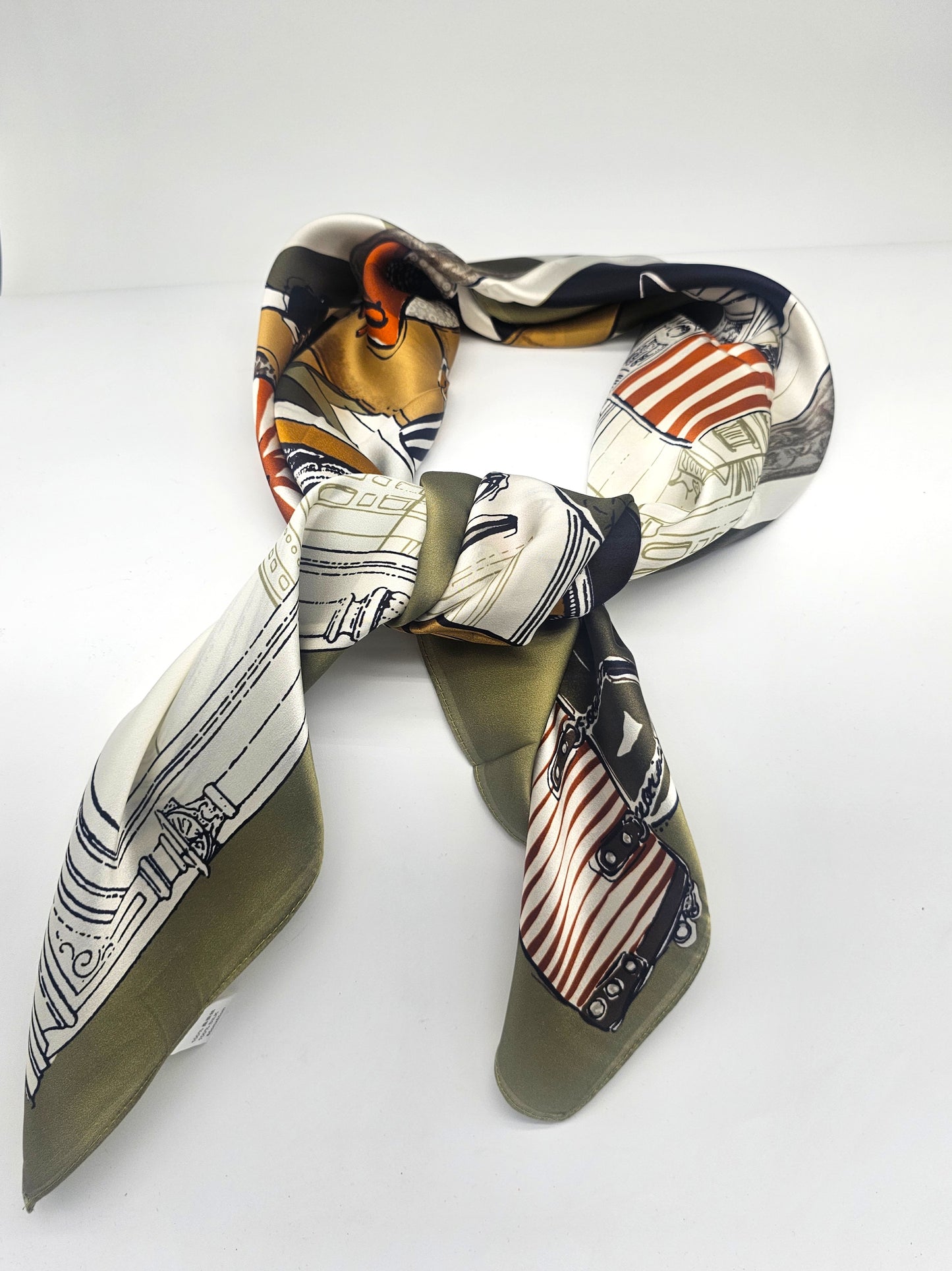 100% Mulberry Silk Square Scarf – Olive/Black/Marigold