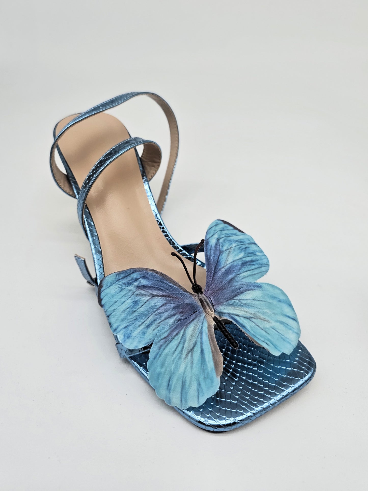 Butterfly sandals, statement heels, blue strappy sandals, summer shoes