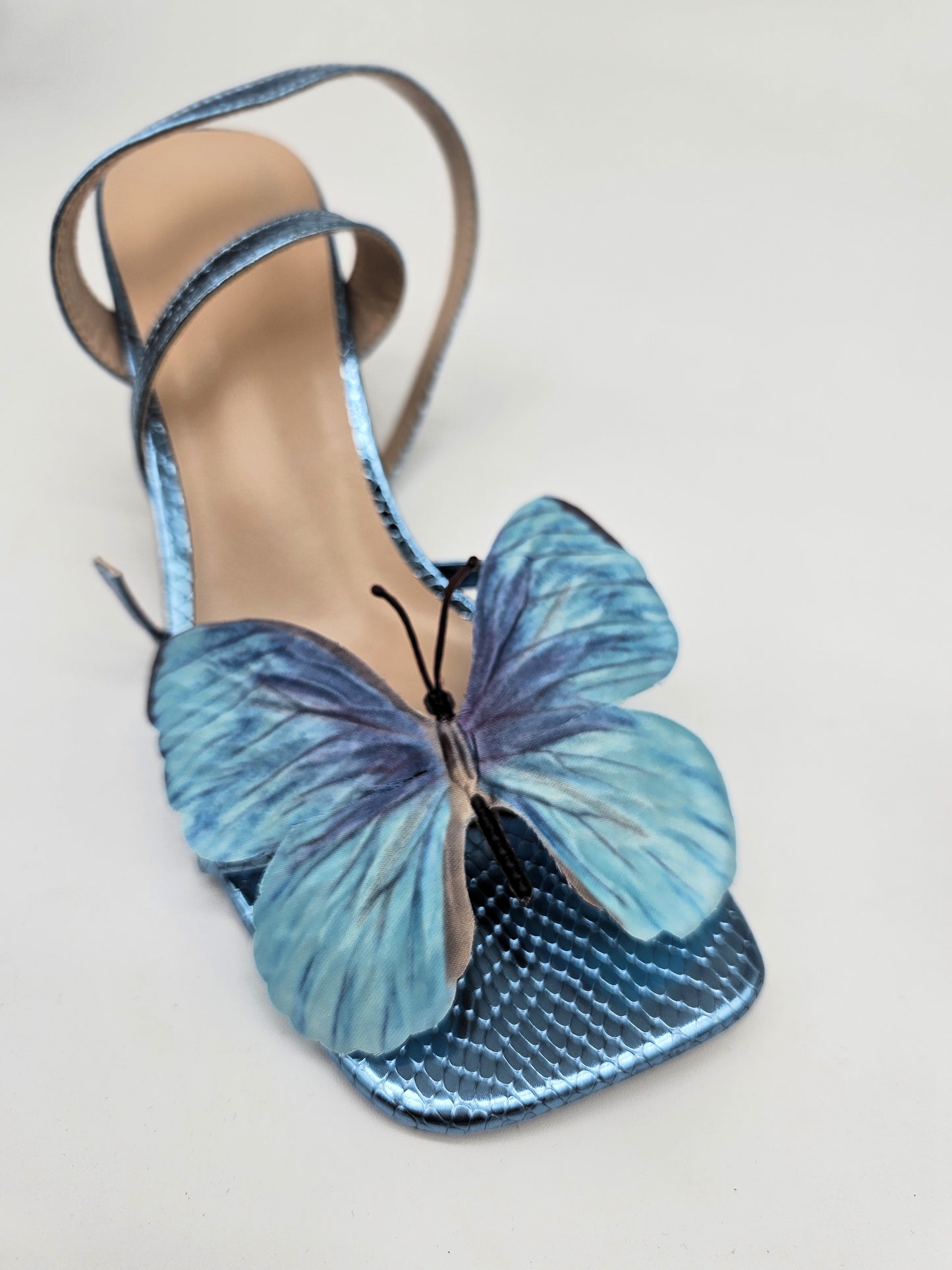 Butterfly sandals, statement heels, blue strappy sandals, summer shoes