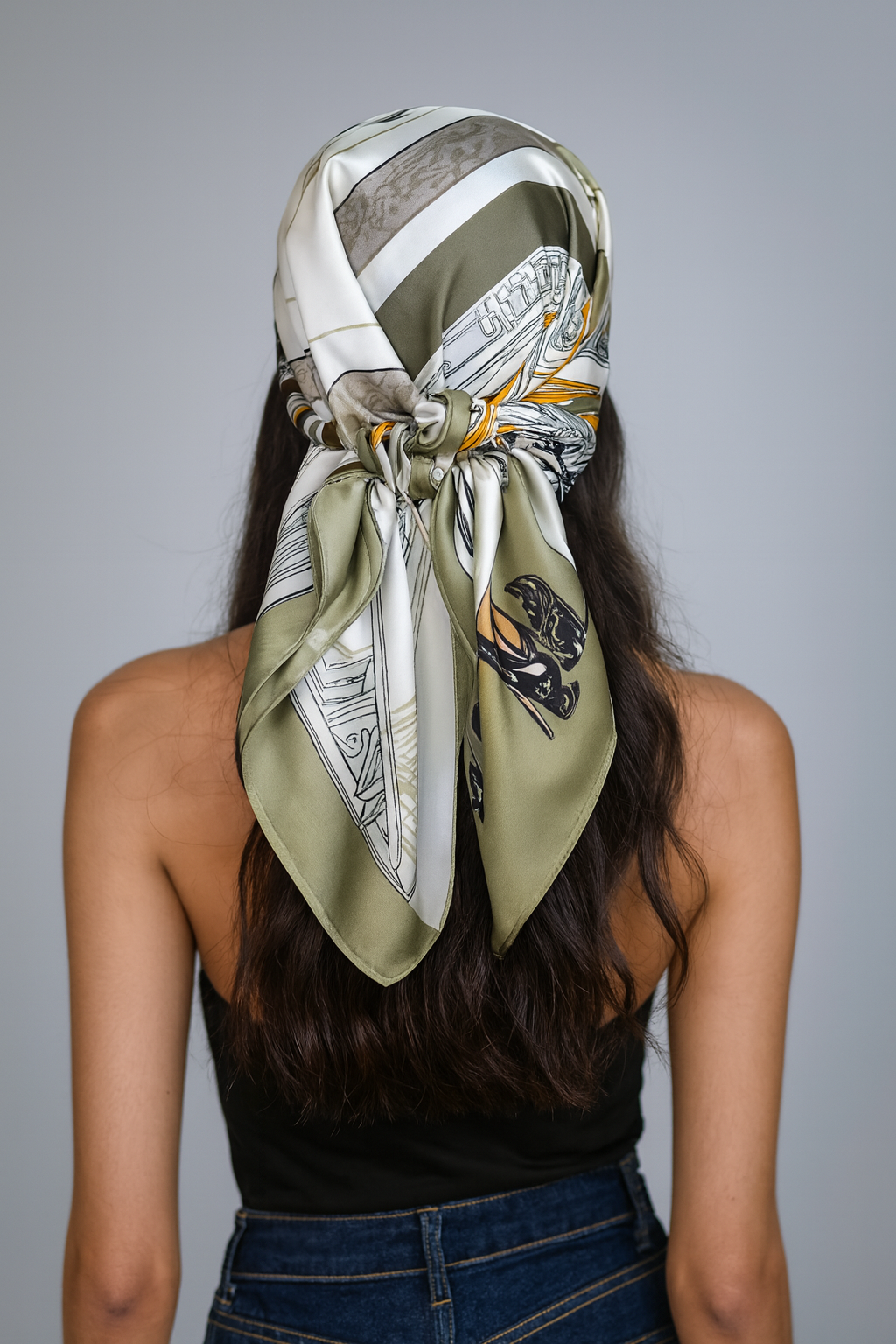 100% Mulberry Silk Square Scarf – Olive/Black/Marigold
