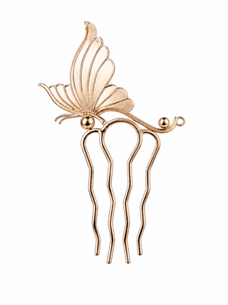 Rose gold hair comb with butterfly design on a white background
