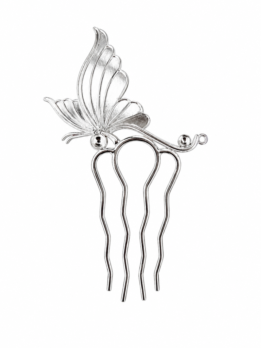 Silver hair comb with butterfly design on a white background
