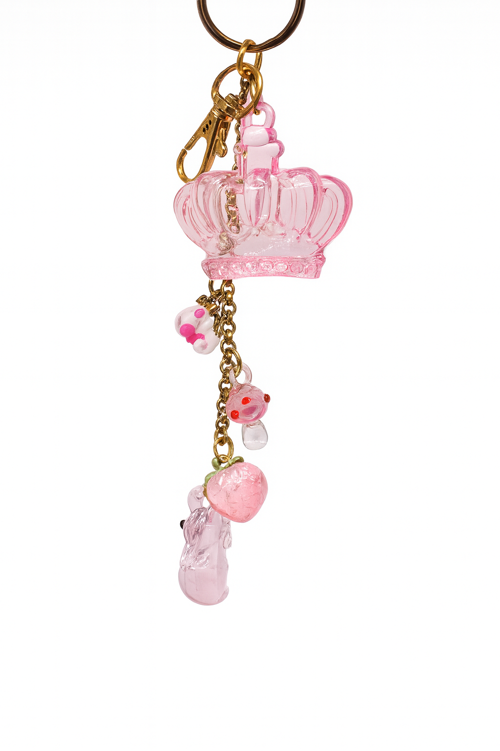 Pink Crown Keychain with Lampwork Seahorse Pendant – Gold Plated & Stee