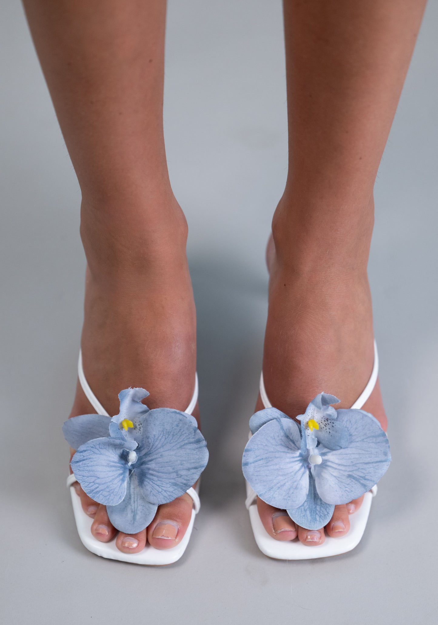 White Strappy Heels with blue Orchid – Comfortable Floral Sandals for Women