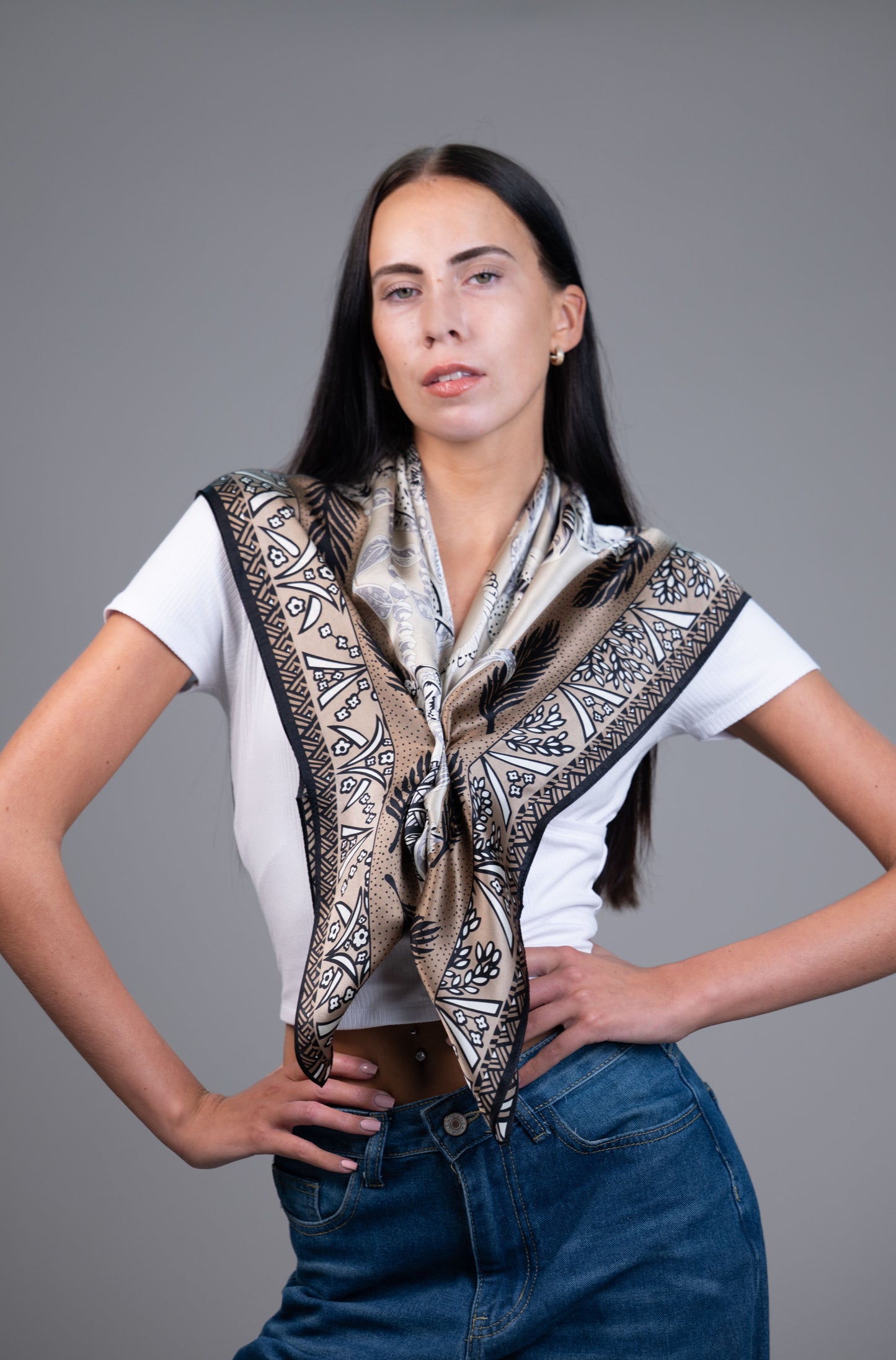 Mulberry Silk Headscarf – Neutral Botanical Print