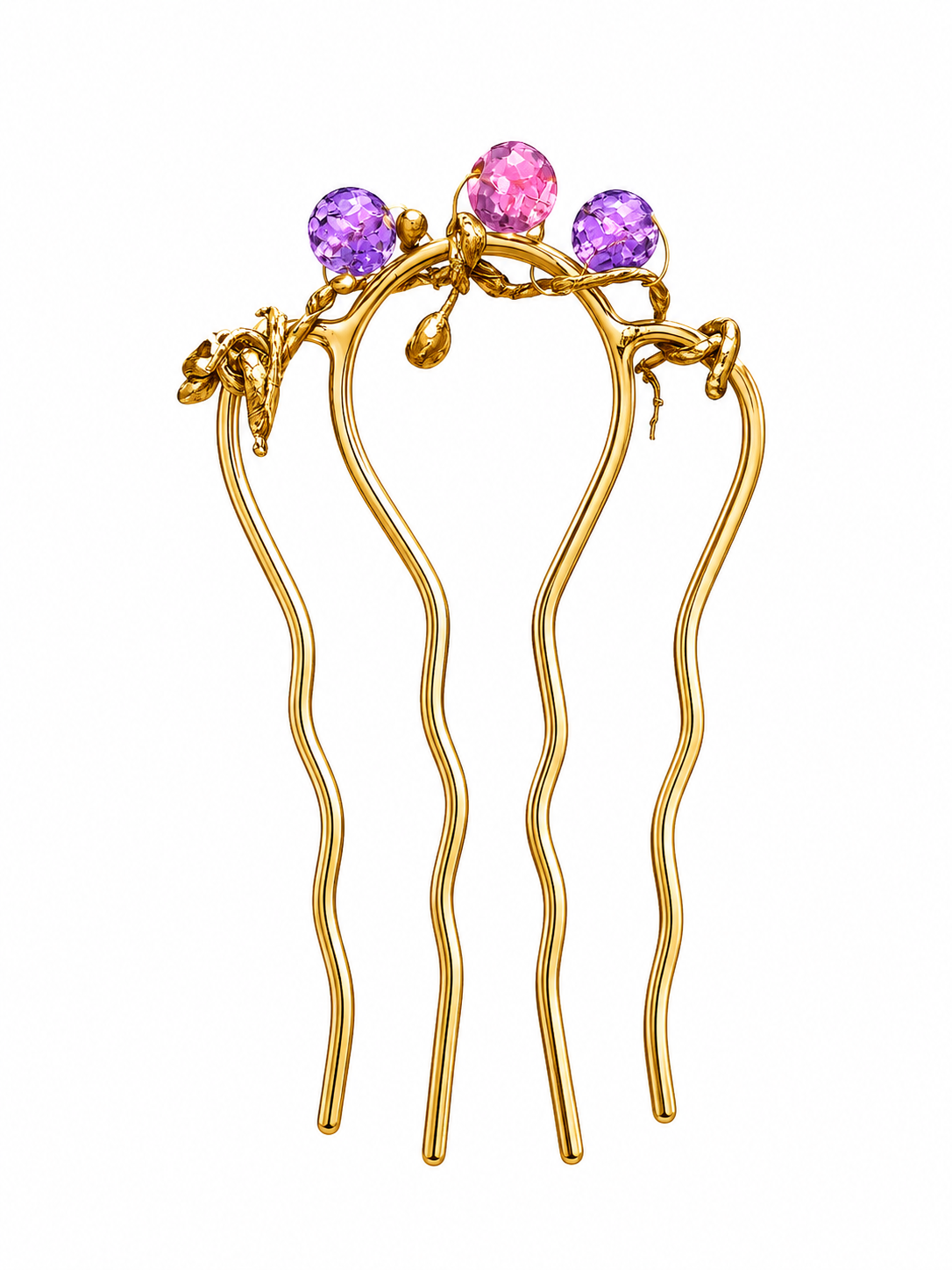 A gold hair comb accessory with three wavy prongs and three round gemstones at the top in purple, pink, and purple, shown on a plain white background.