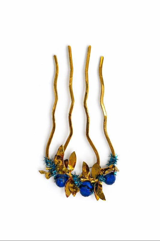 Handmade crystal gold and blue hair pin