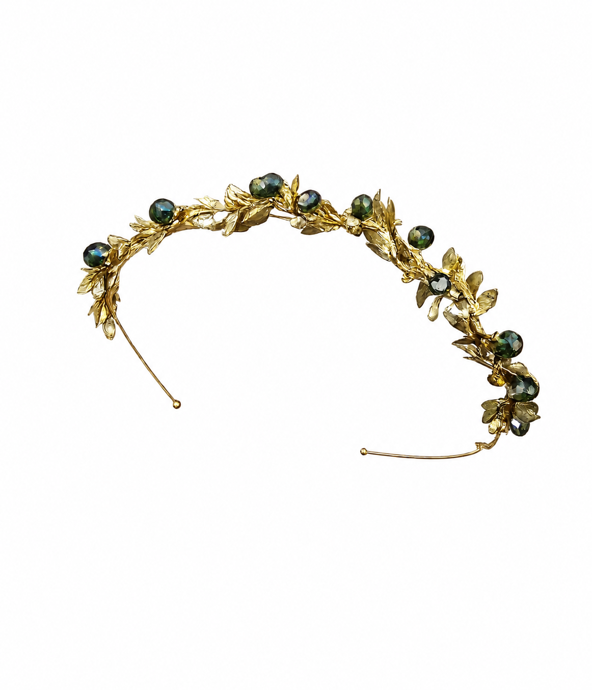 Gold-plated Alice band with gold leaf details and green crystal accents