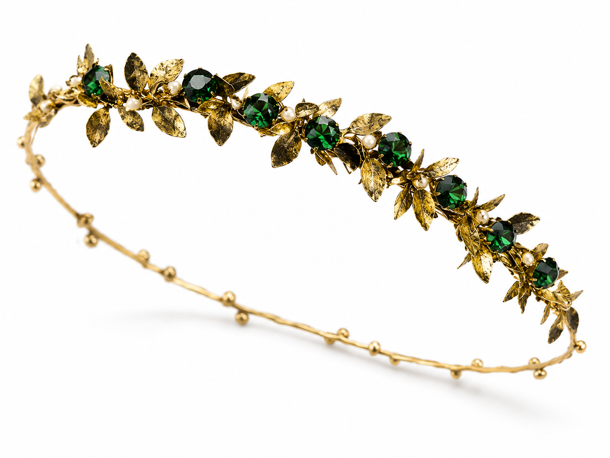 Handmade gold leaf halo headpiece with green crystal and pearl accents