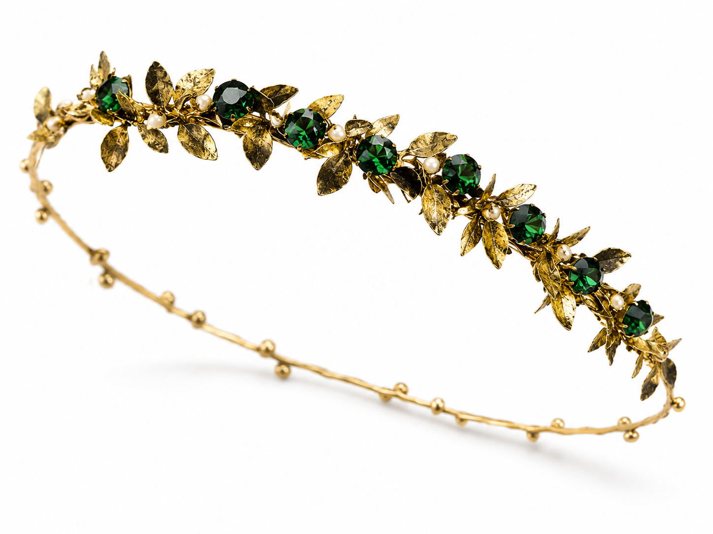 Handmade gold leaf halo headpiece with green crystal and pearl accents