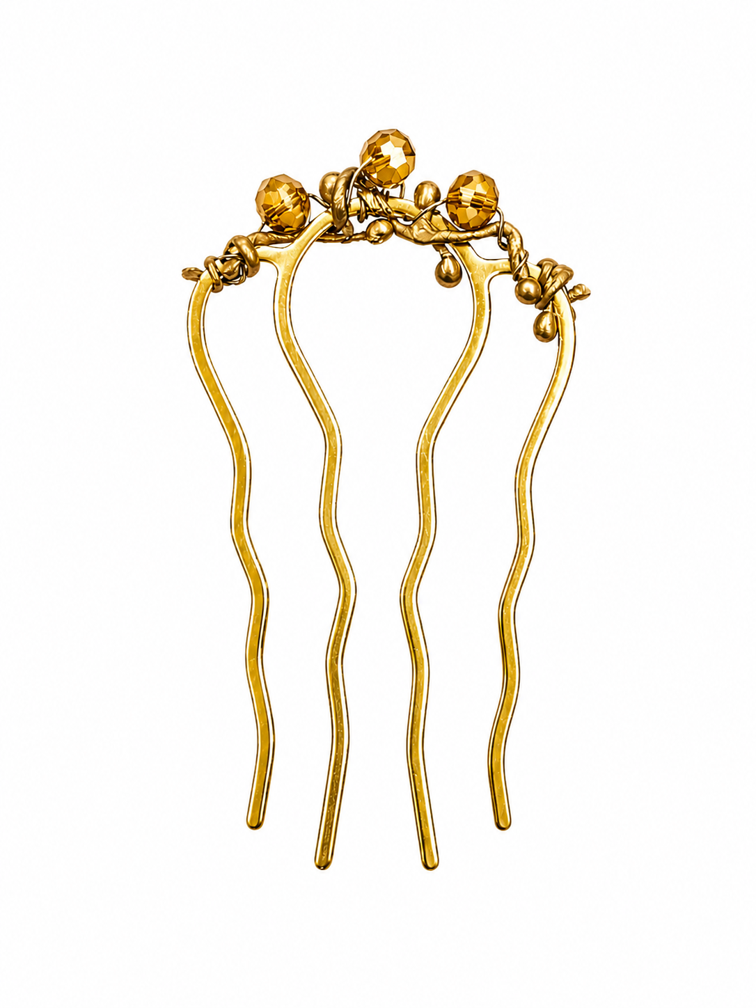 A gold hair comb with four long wavy prongs and decorative gold beads and floral details at the top, shown on a plain white background.