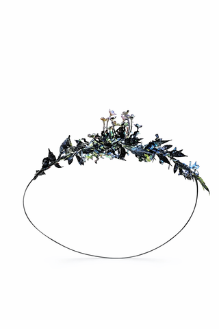 Black floral halo headpiece with iridescent details, statement crown hair accessory for weddings and events