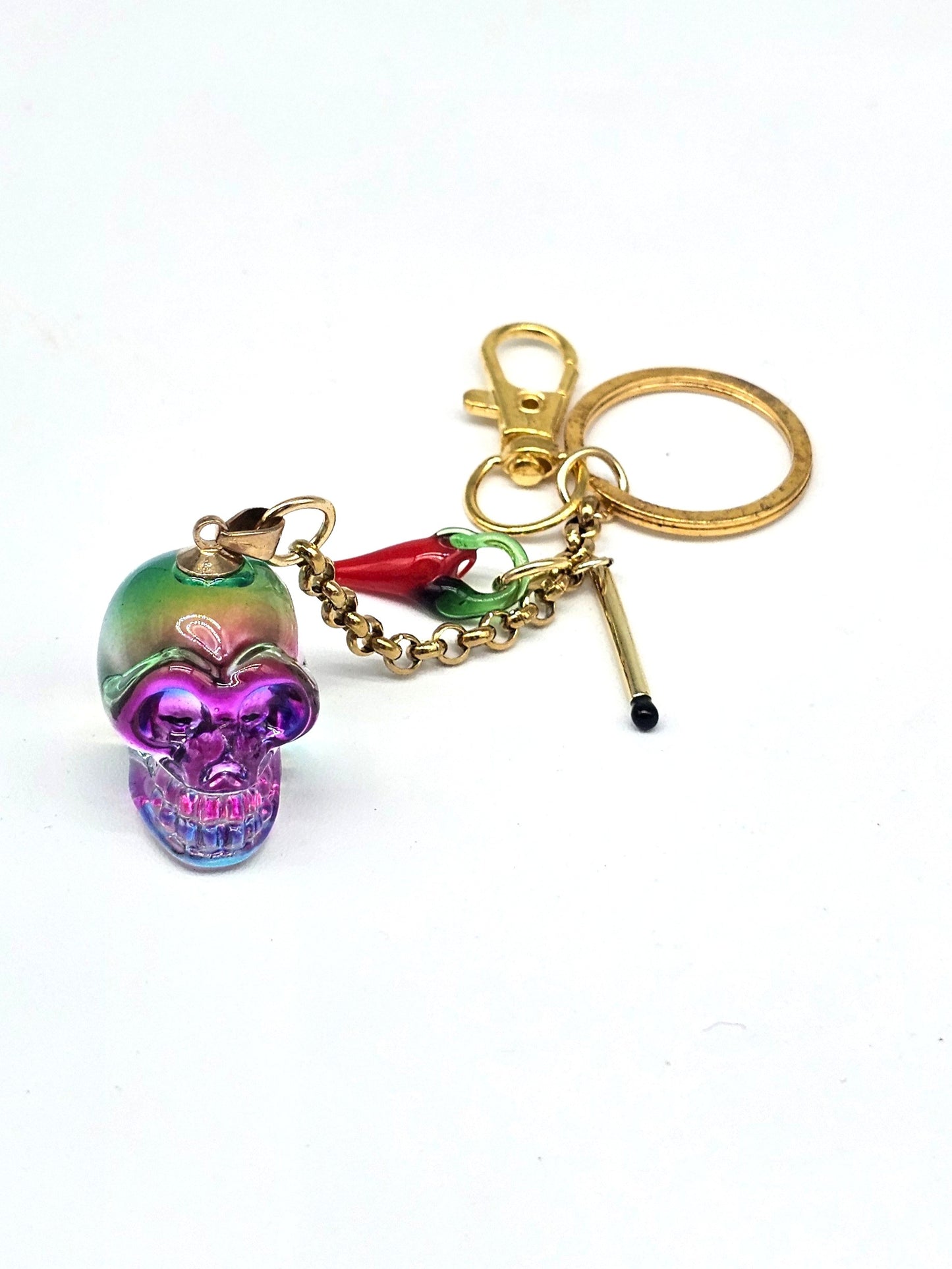 Handmade rainbow glass skull keyring with gold-plated stainless steel chain and chili pepper charm