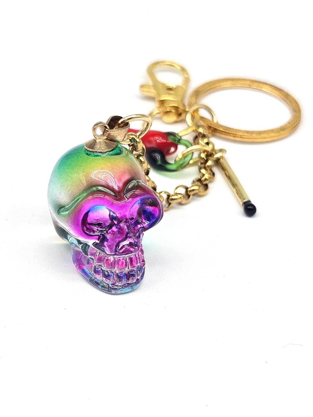 Colorful handmade lampwork glass skull keyring with gold-plated stainless steel chain and chili pepper charm