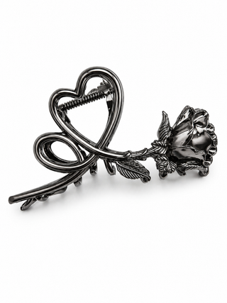 Dark silver heart and rose metal claw clip.