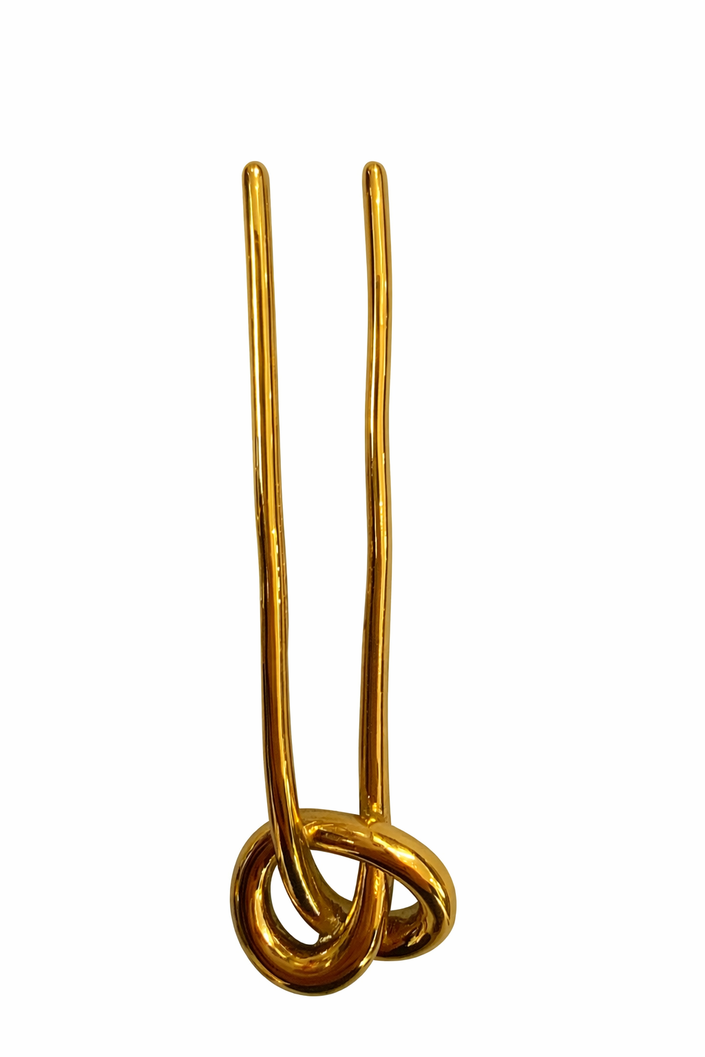Gold hairpin with a knot design on a white background