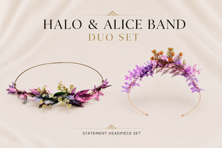 Purple floral crown headpiece set featuring a matching halo and Alice band with delicate blossoms, purple foliage and gold-tone detailing.
