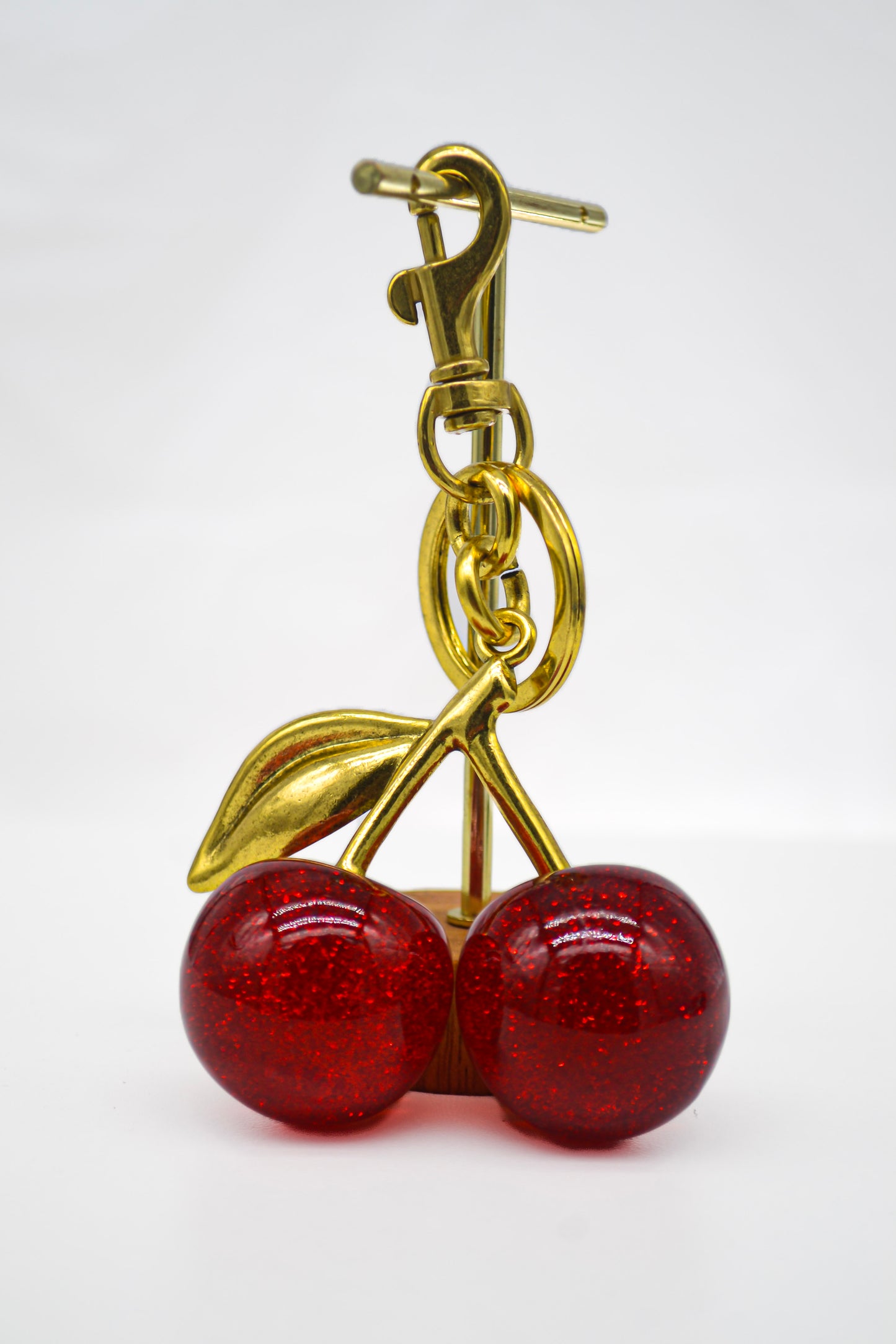 Red cherry keychain with gold chain – sparkling glitter cherry bag charm accessory