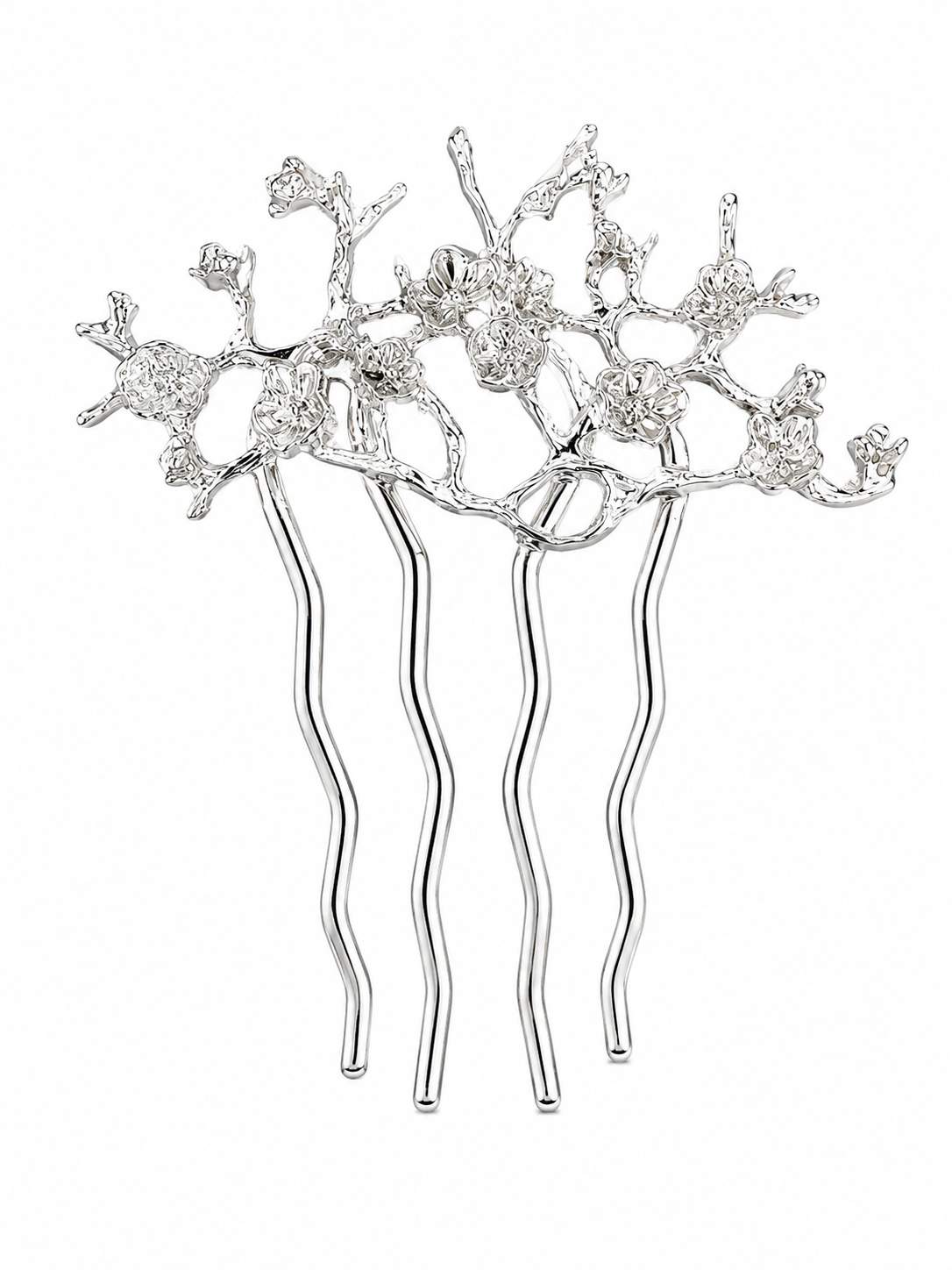 Silver floral hair comb with intricate blossom branch design for buns, French twists, and half-up hairstyles