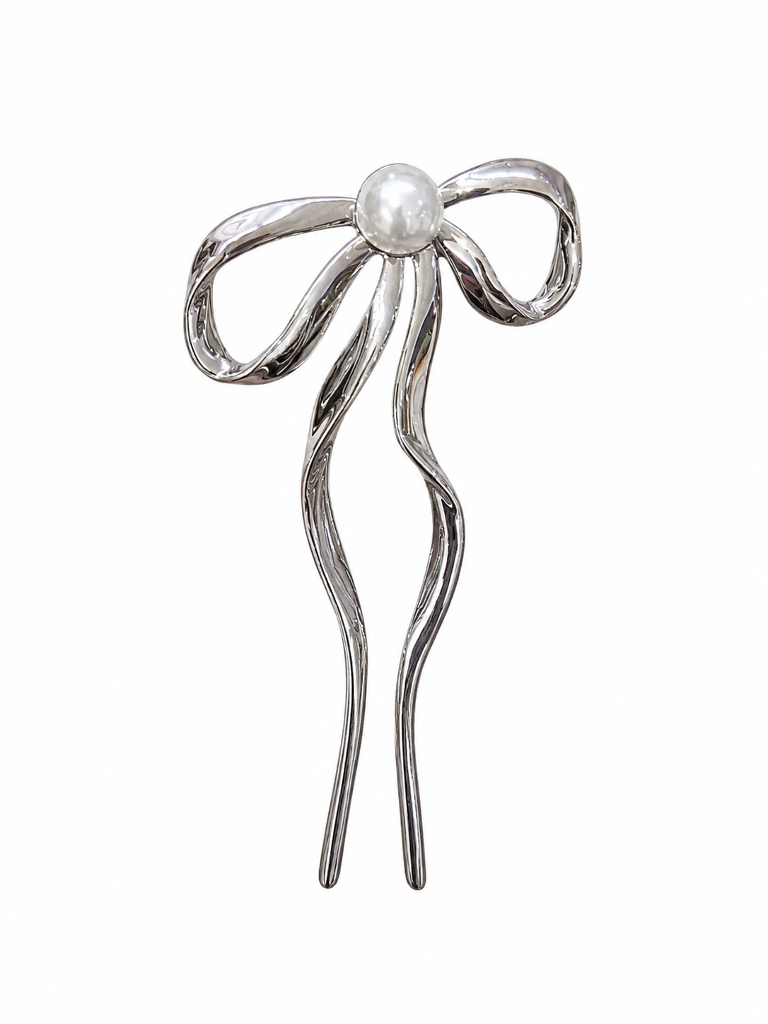 Silver bow hair pin with pearl accent