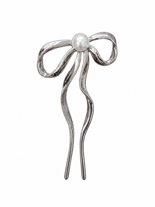 Silver bow hair pin with pearl accent
