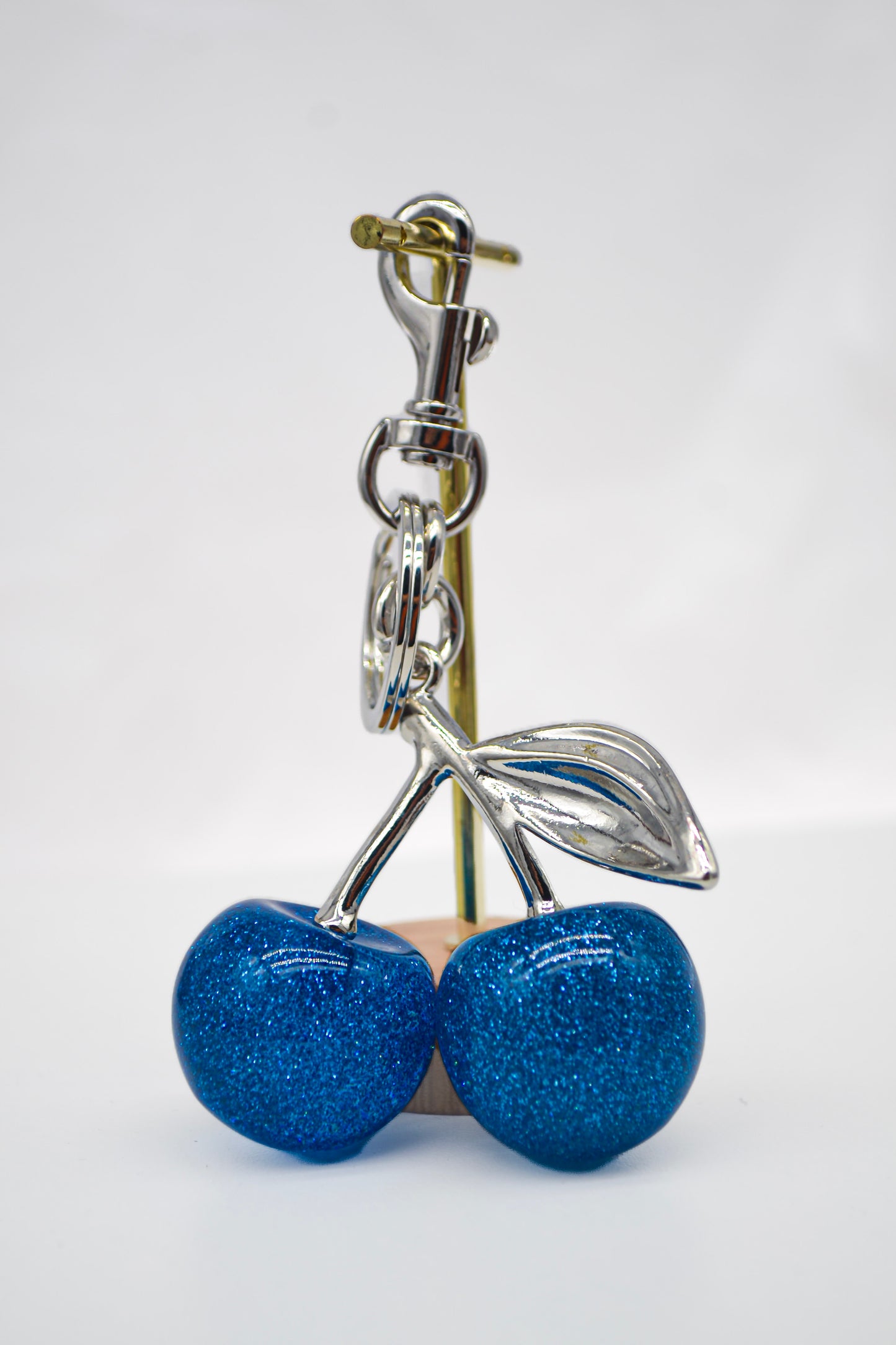 Blue cherry keychain with silver chain – glitter cherry bag charm accessory