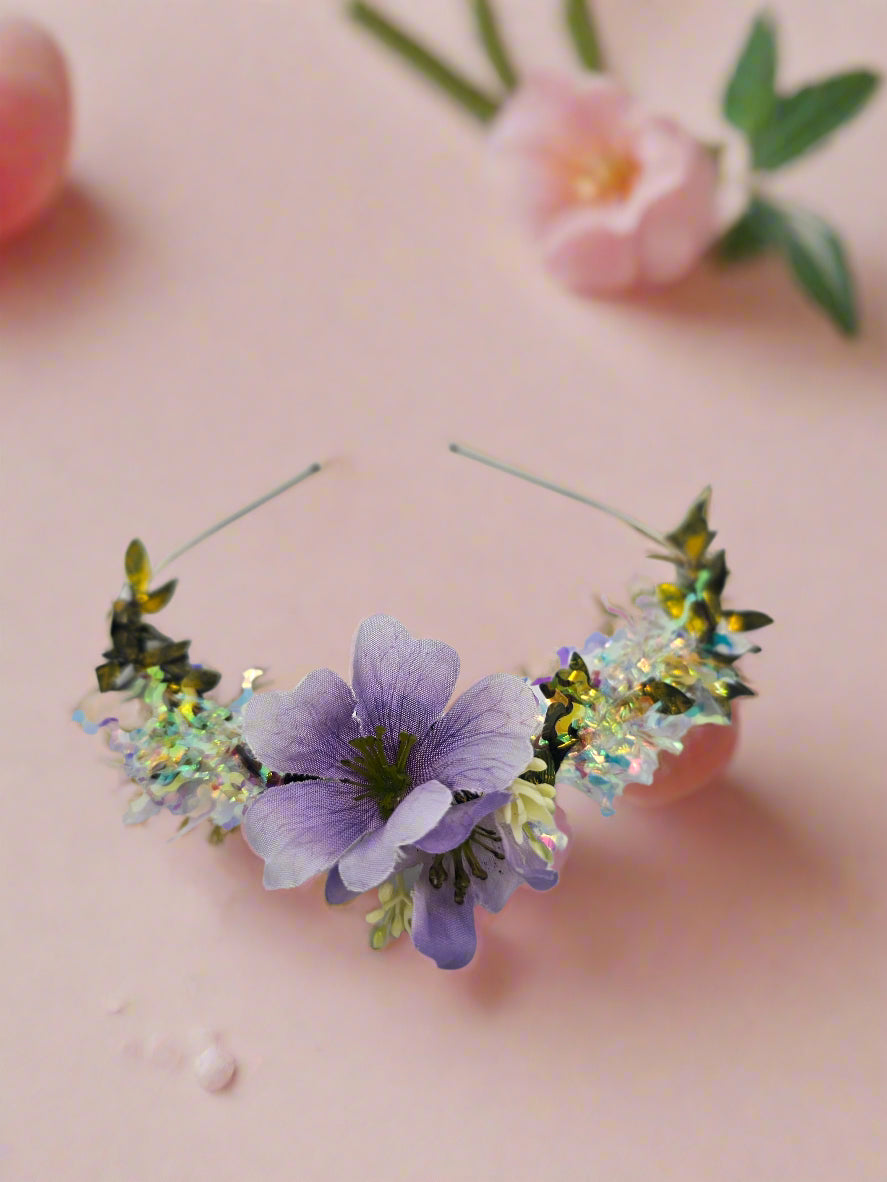 sparkle headband with purple flower 
