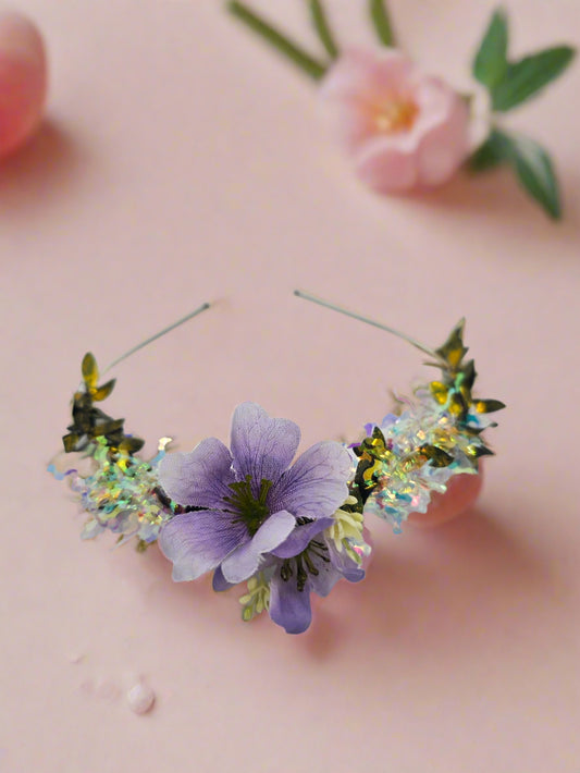 sparkle headband with purple flower 