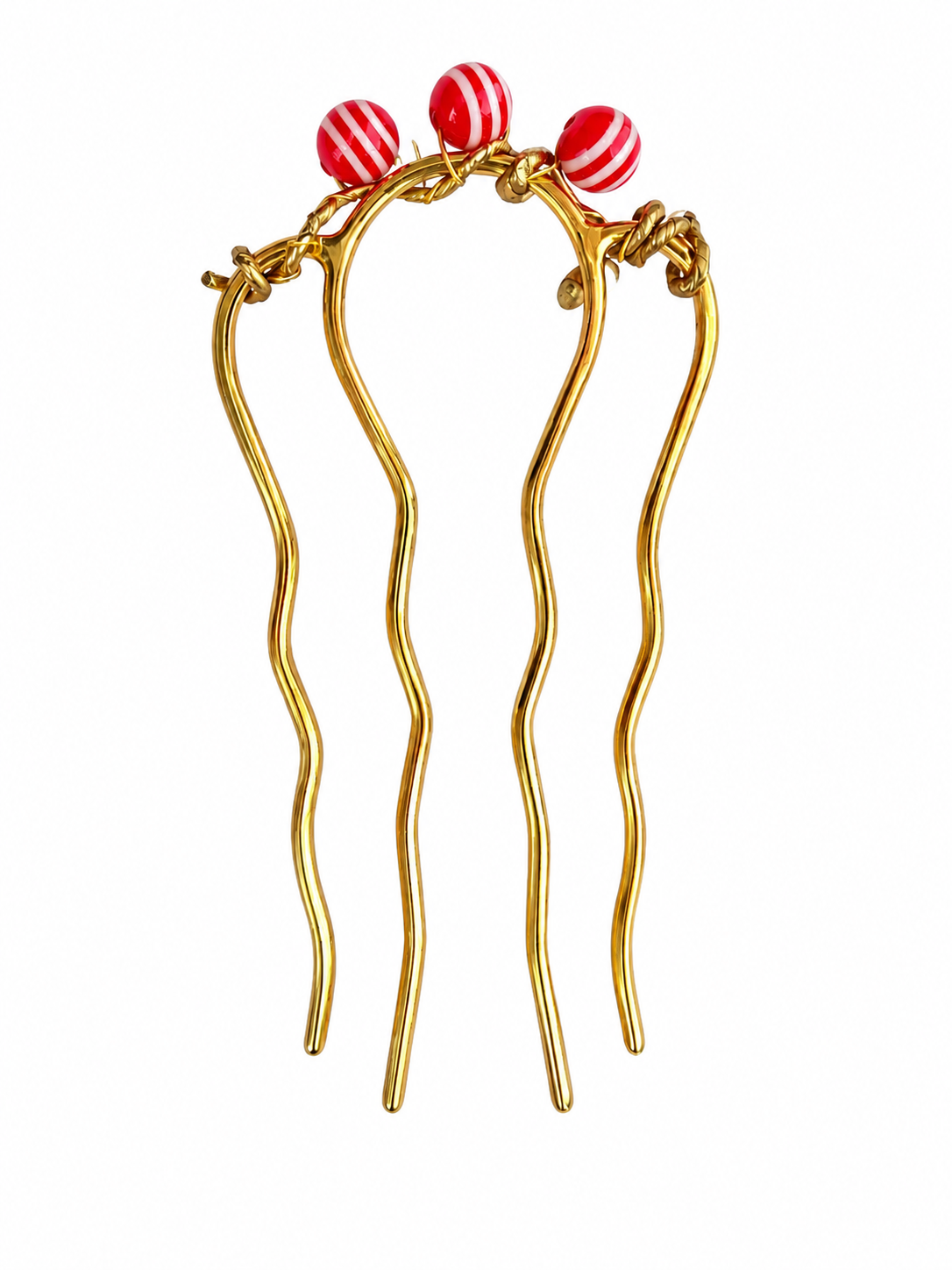 Handmade brass French hair comb with red lollipop-inspired beads, flexible design for most hair types