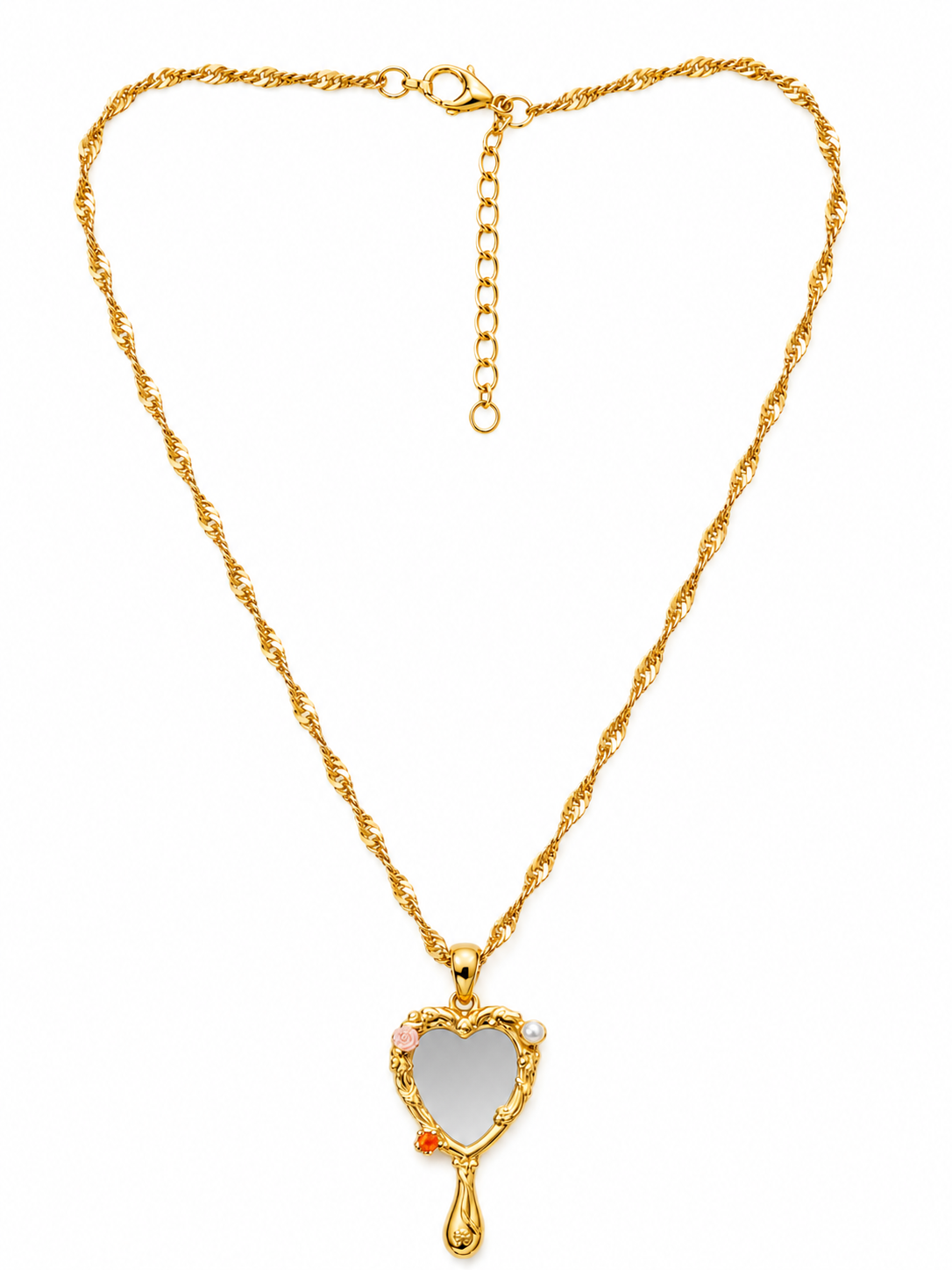 Gold Princess Mirror Necklace with ornate heart-shaped hand mirror pendant and delicate floral details.