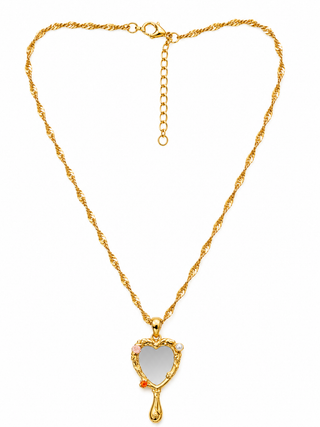 Gold Princess Mirror Necklace with ornate heart-shaped hand mirror pendant and delicate floral details.