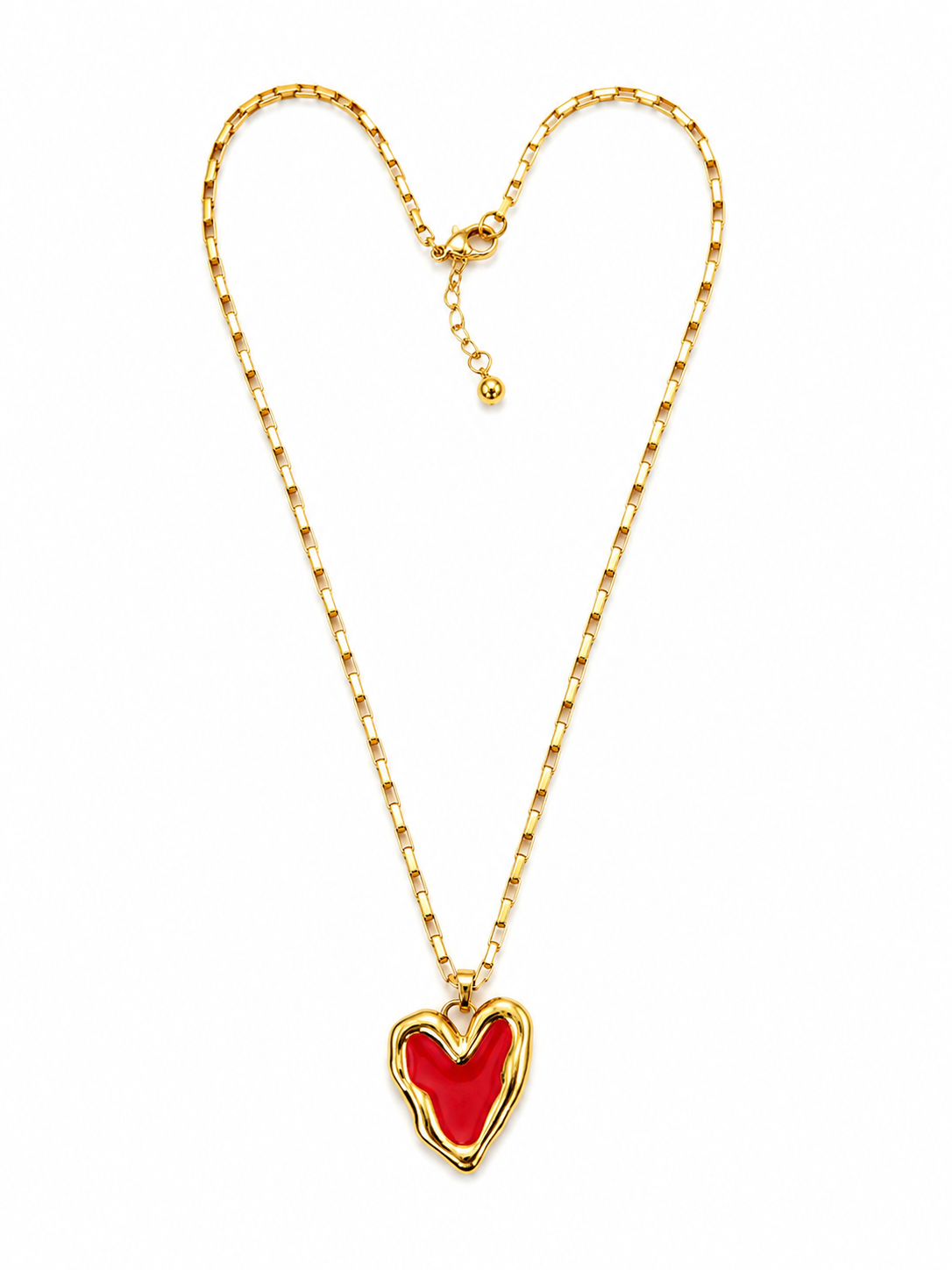 Red and gold heart pendant necklace with stainless steel link chain