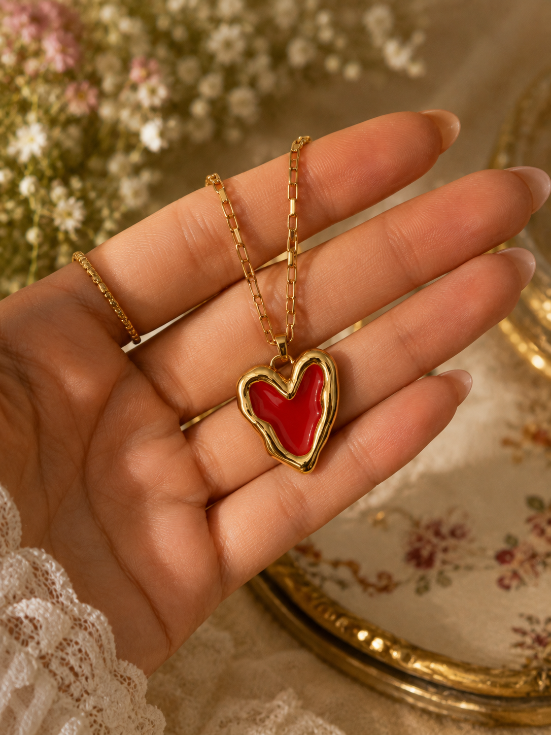 Red heart stainless steel necklace for women with gold-tone finish